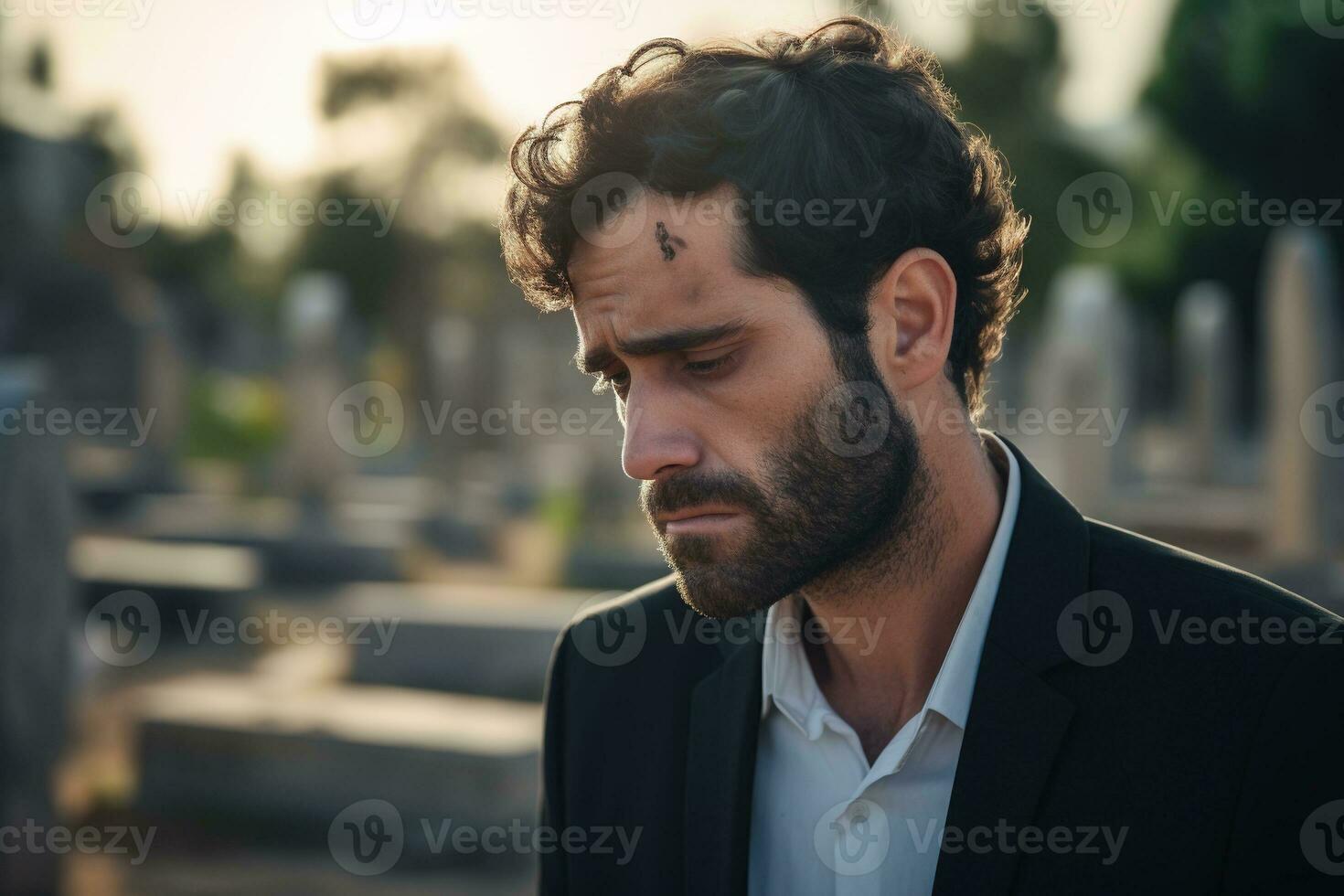 ritratto di un' triste e depresso uomo nel un' nero cappotto su il sfondo di un' cimitero.funerale concetto ai generato foto