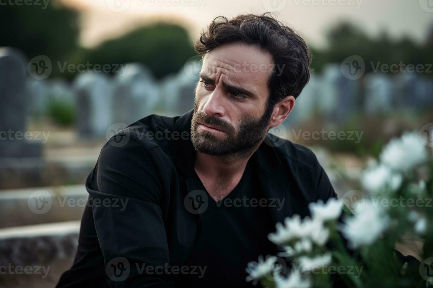 ritratto di un' triste e depresso uomo nel un' nero cappotto su il sfondo di un' cimitero.funerale concetto ai generato foto