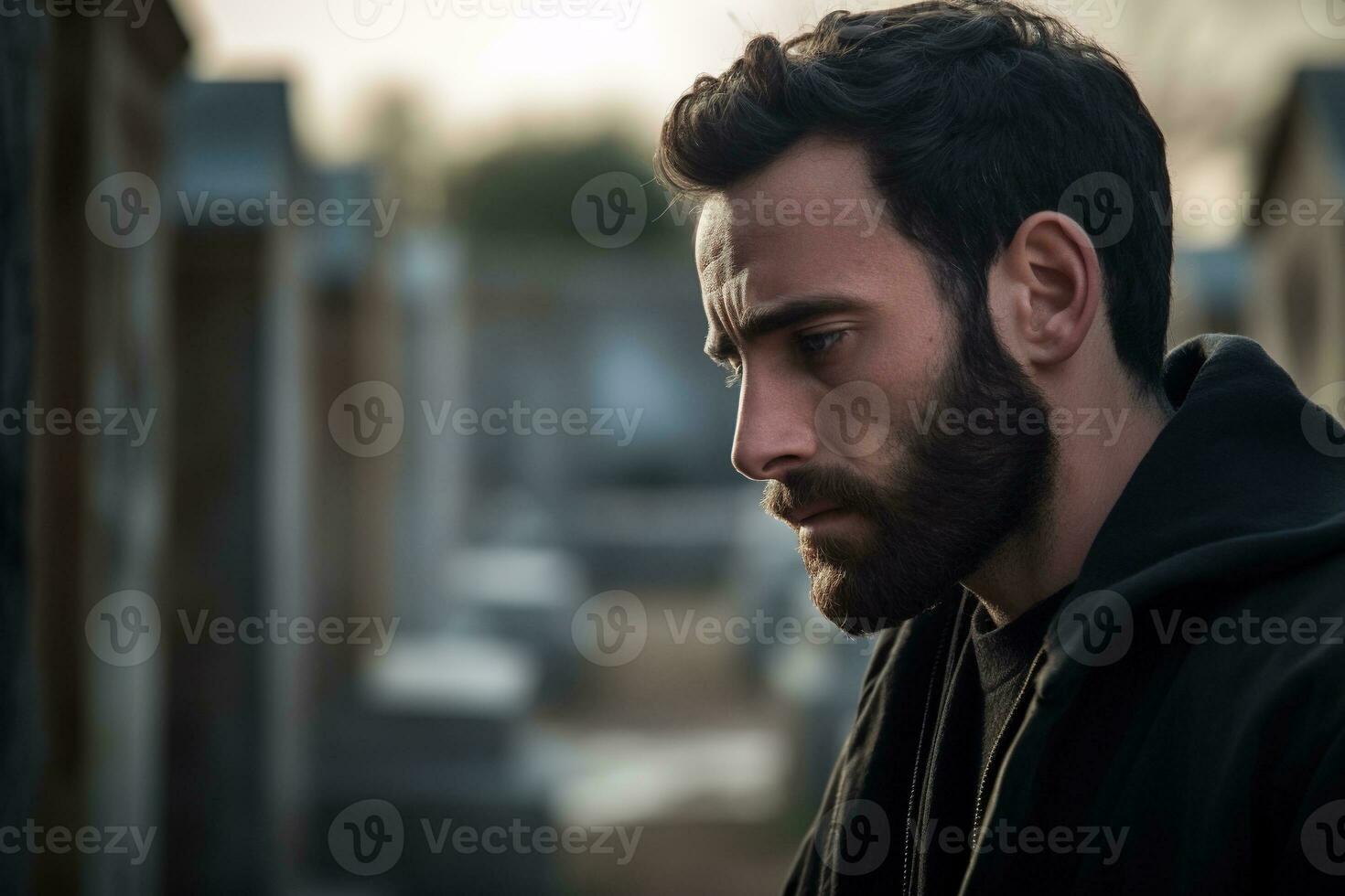 ritratto di un' triste e depresso uomo nel un' nero cappotto su il sfondo di un' cimitero.funerale concetto ai generato foto