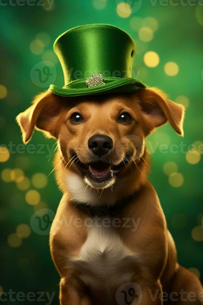 carino cucciolo nel verde superiore cappello. st. Patrick giorno. ai generato foto