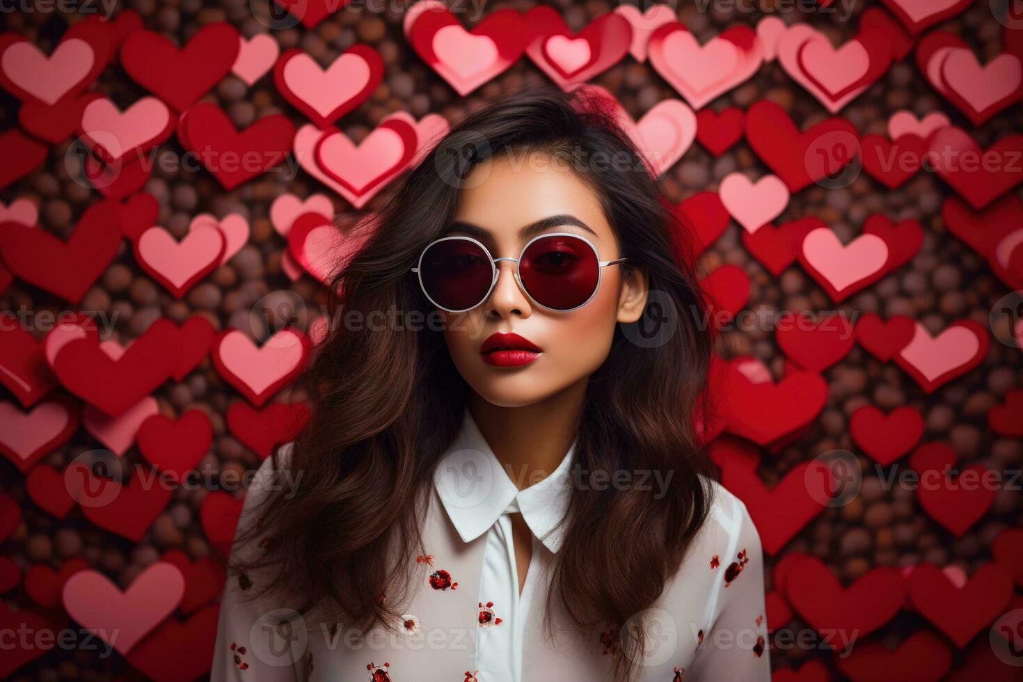 San Valentino giorno. ritratto di bellissimo giovane asiatico donna nel occhiali da sole su rosso sfondo con cuori. ai generato foto