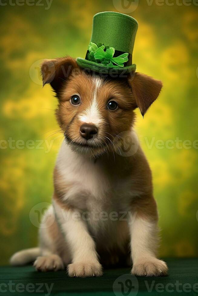 carino cucciolo nel verde superiore cappello. st. Patrick giorno. ai generato foto