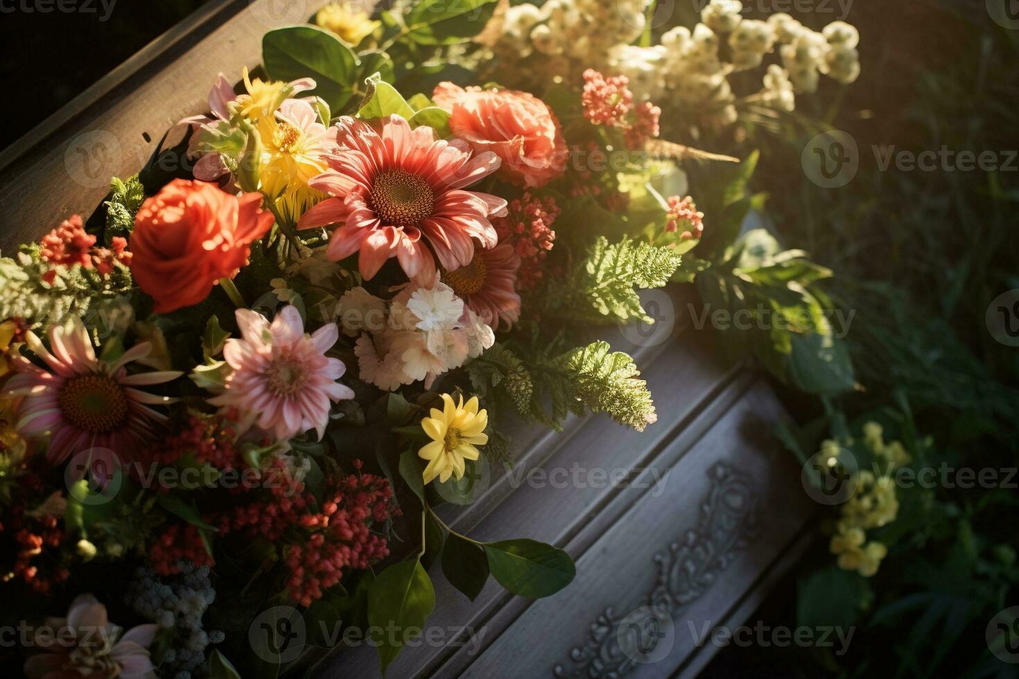 colorato fiori su il tomba nel il cimitero, funerale concetto. ai generato foto