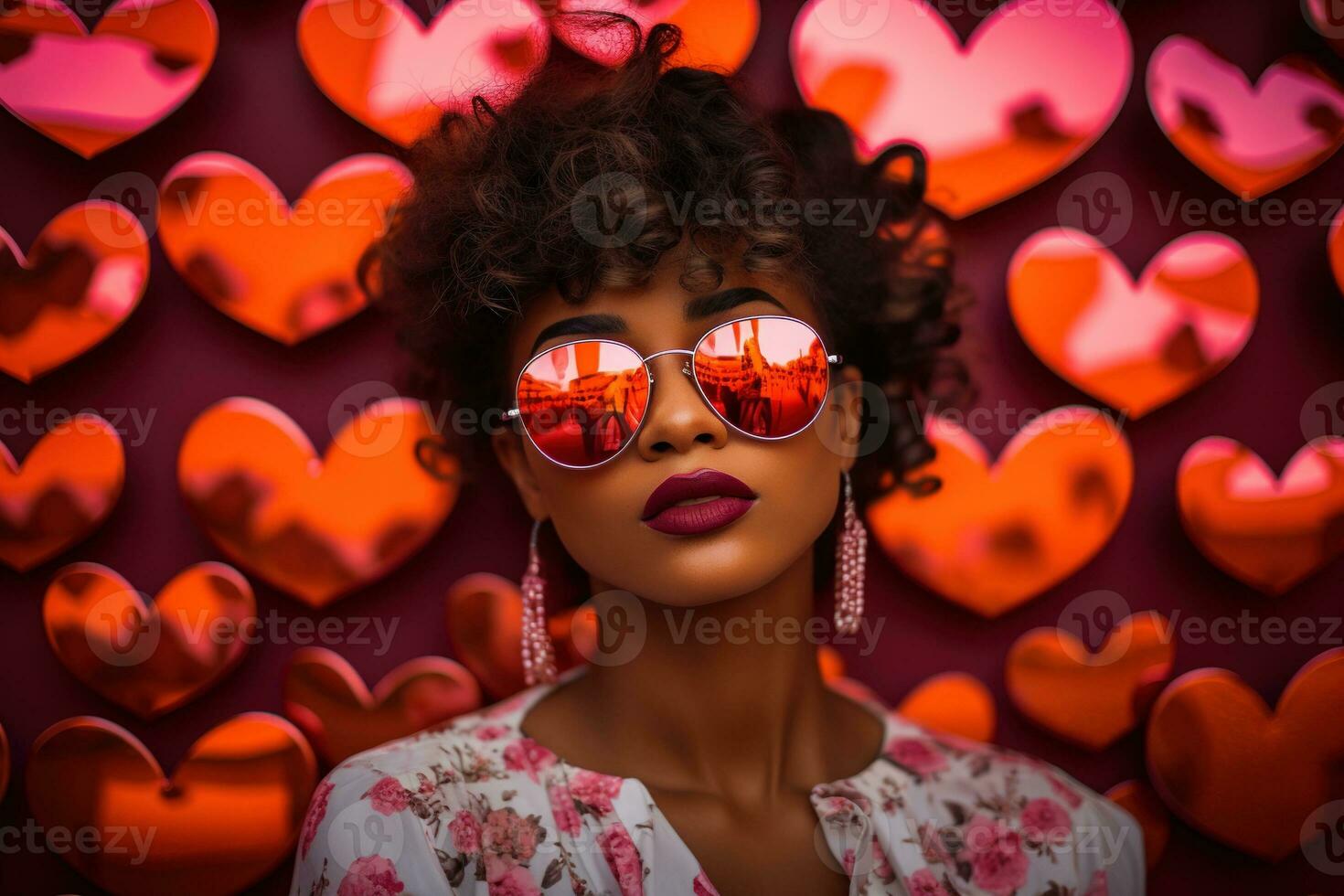 alla moda africano americano donna con bicchieri su San Valentino sfondo ai generato foto