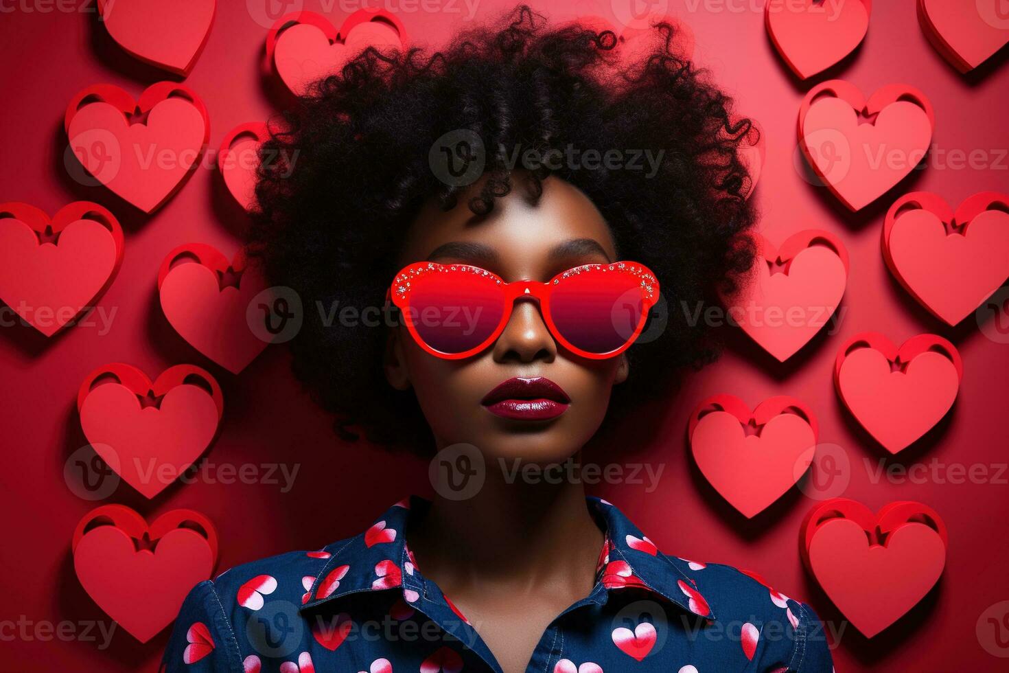 alla moda africano americano donna con bicchieri su San Valentino sfondo ai generato foto