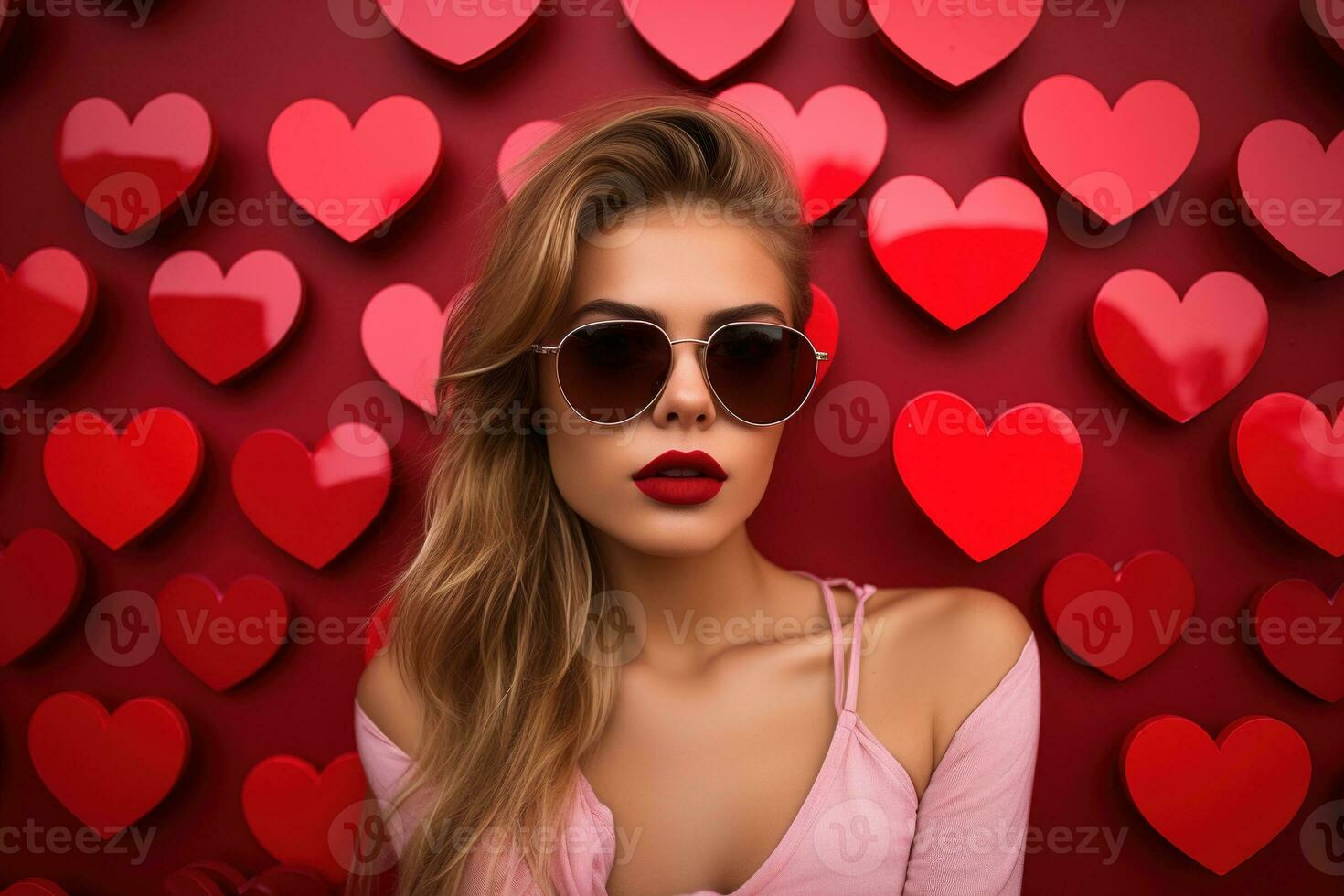 San Valentino giorno. ritratto di bellissimo giovane donna nel occhiali da sole su rosso sfondo con cuori. ai generato foto