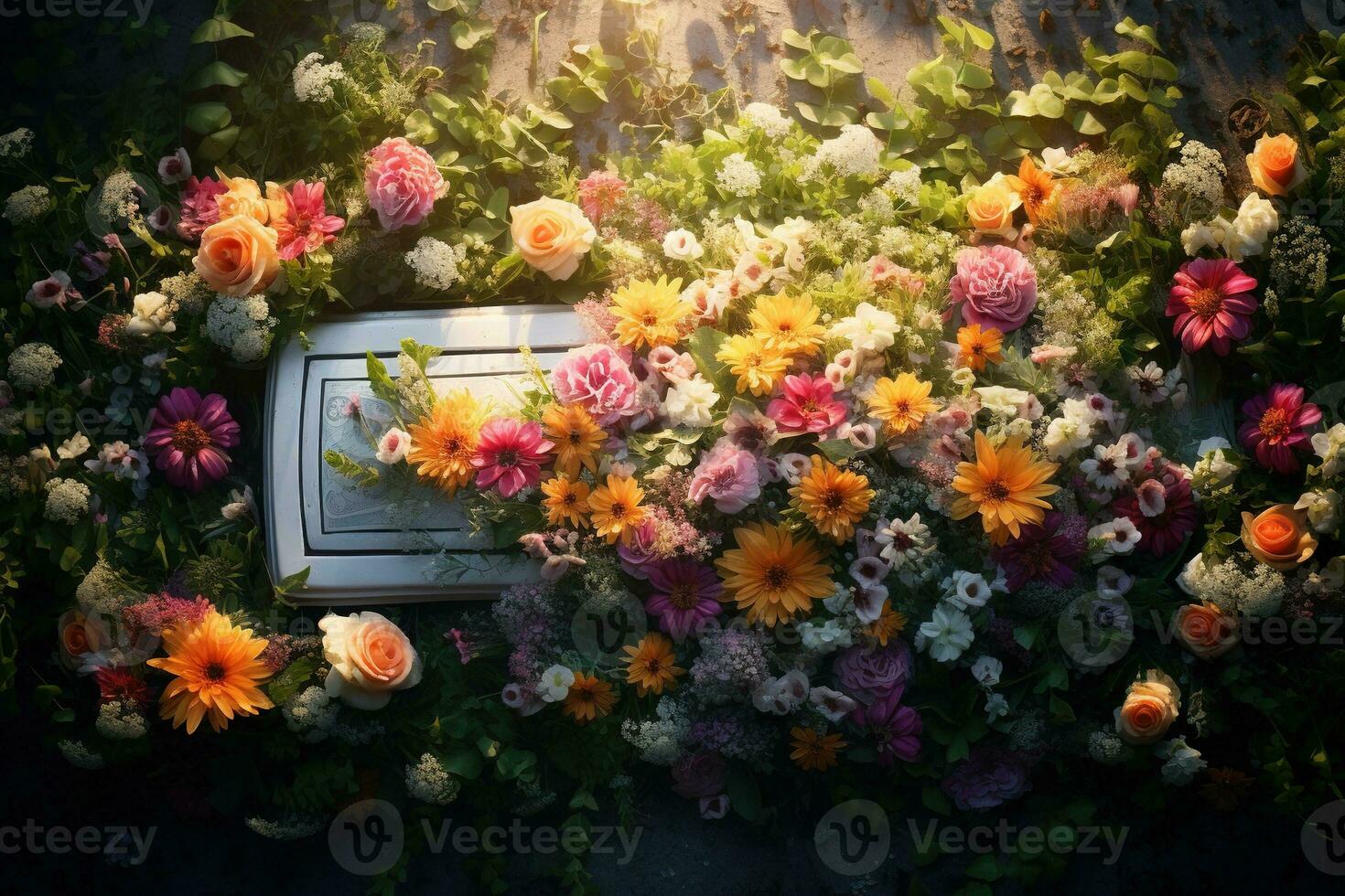 colorato fiori su il tomba nel il cimitero, funerale concetto. ai generato foto