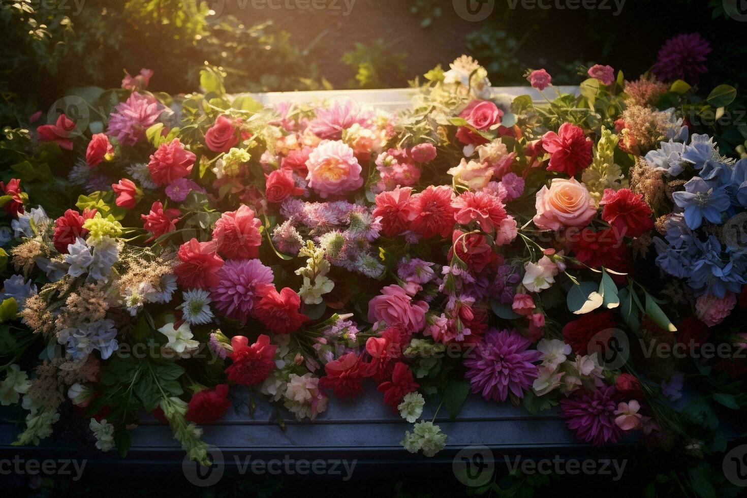 colorato fiori su il tomba nel il cimitero, funerale concetto. ai generato foto