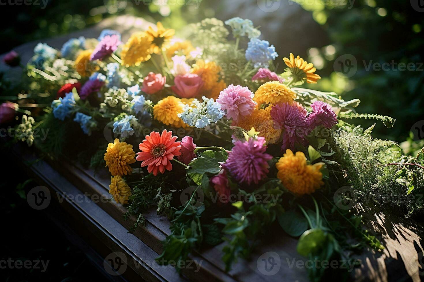 colorato fiori su il tomba nel il cimitero, funerale concetto. ai generato foto