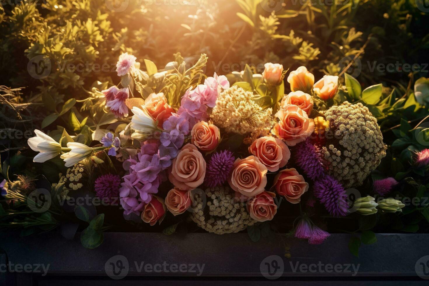 colorato fiori su il tomba nel il cimitero, funerale concetto. ai generato foto