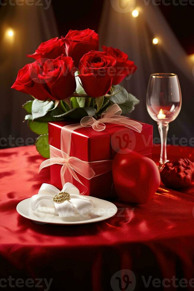 romantico cena ambientazione con rosso Rose e regalo scatola su table.valentine's giorno concetto ai generato foto