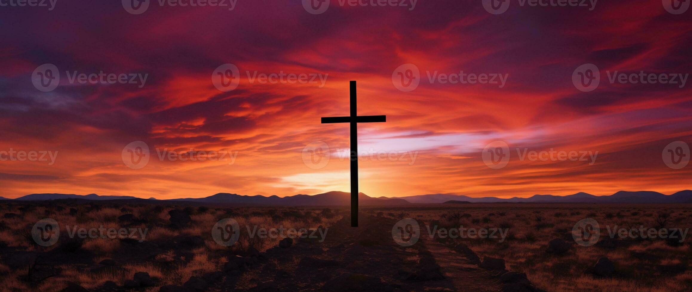 concetto o concettuale legna attraversare o religione simbolo forma al di sopra di un' tramonto cielo sfondo bandiera ai generato foto