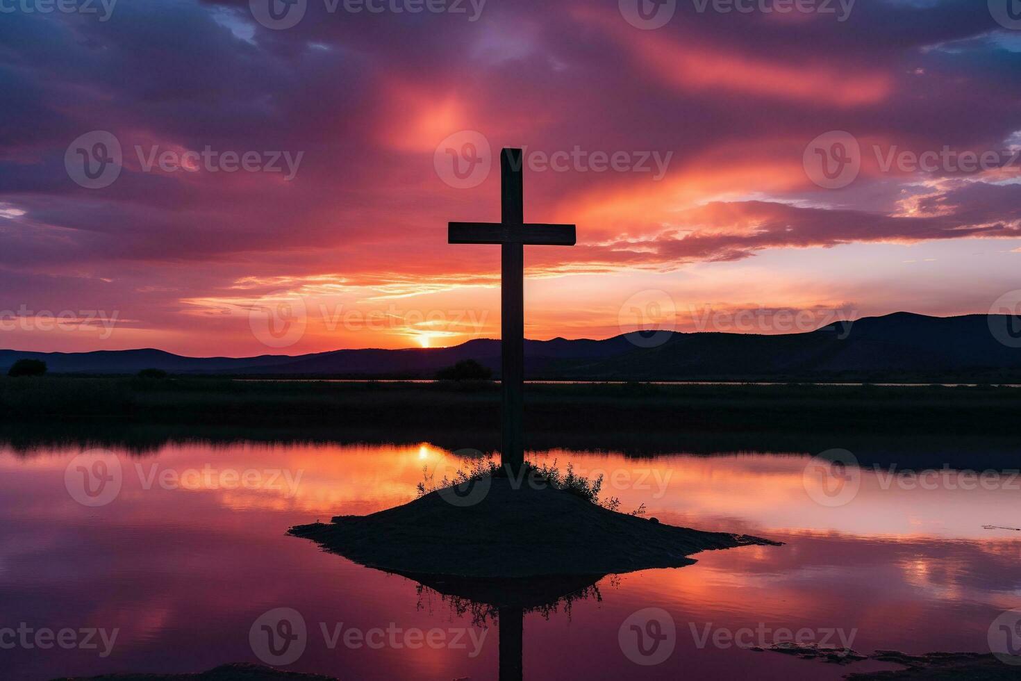 concetto o concettuale legna attraversare o religione simbolo forma al di sopra di un' tramonto cielo sfondo bandiera ai generato foto