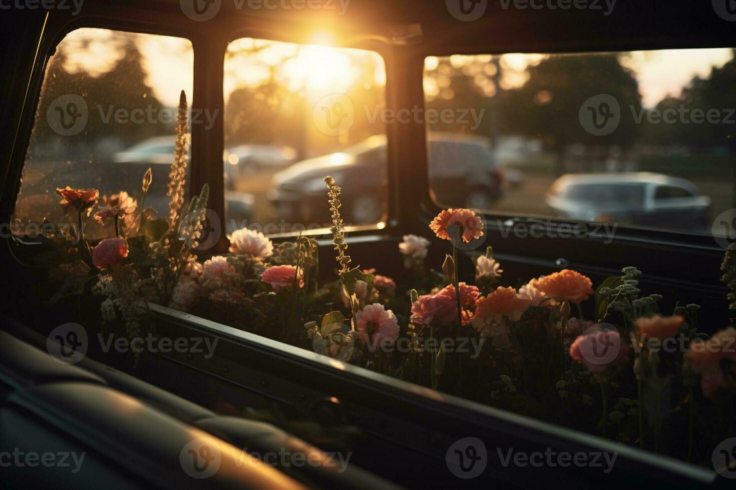 bellissimo fiori nel un' auto a tramonto. concetto di funerale. ai generato foto