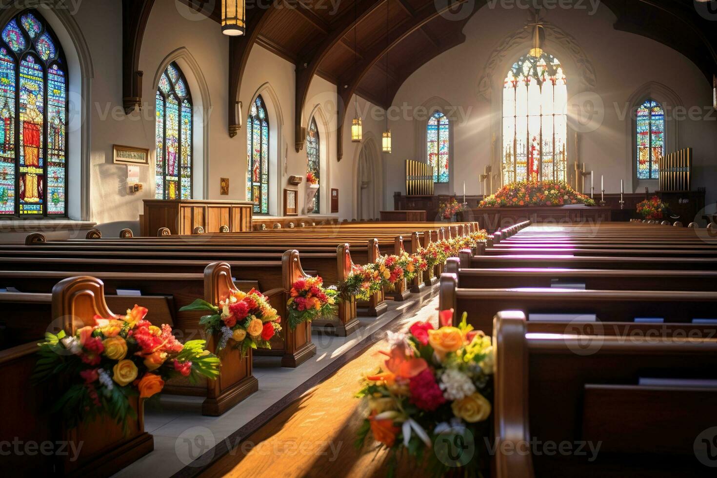 interno di un' Chiesa con un' lotto di fiori nel il primo piano.funerale concetto ai generato foto