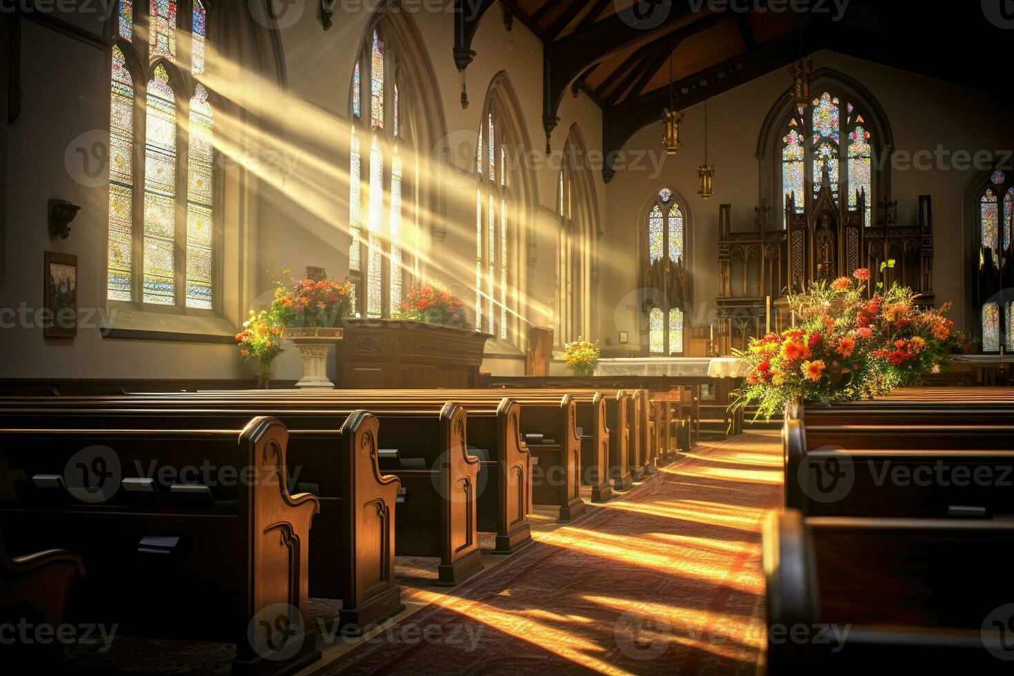 interno di un' Chiesa con un' lotto di fiori nel il primo piano.funerale concetto ai generato foto