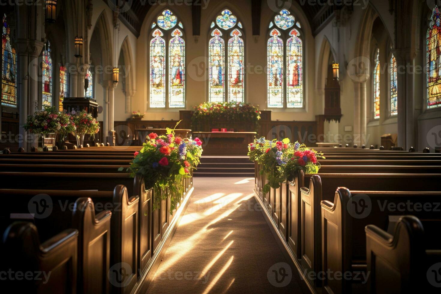 interno di un' Chiesa con un' lotto di fiori nel il primo piano.funerale concetto ai generato foto