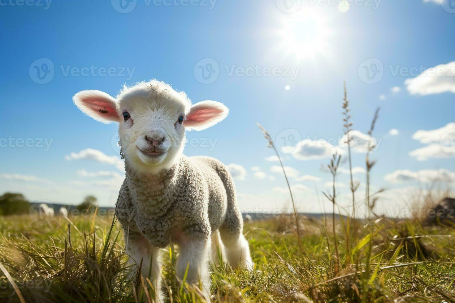 carino agnello su verde erba sotto blu cielo con bianca nuvole. ai generato foto