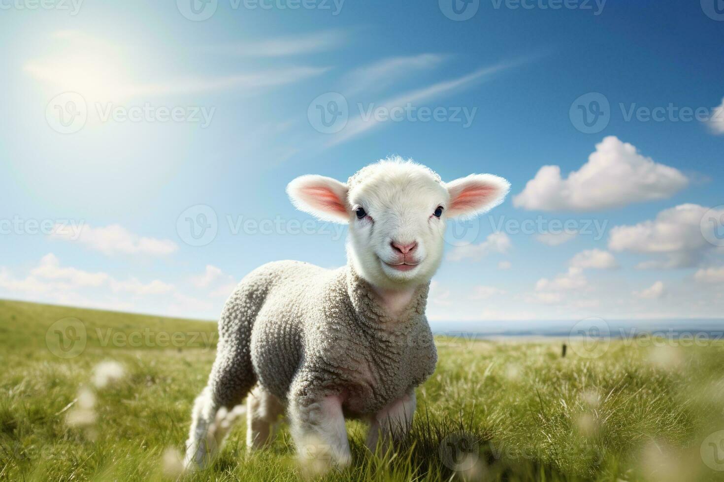 carino agnello su verde erba sotto blu cielo con bianca nuvole. ai generato foto