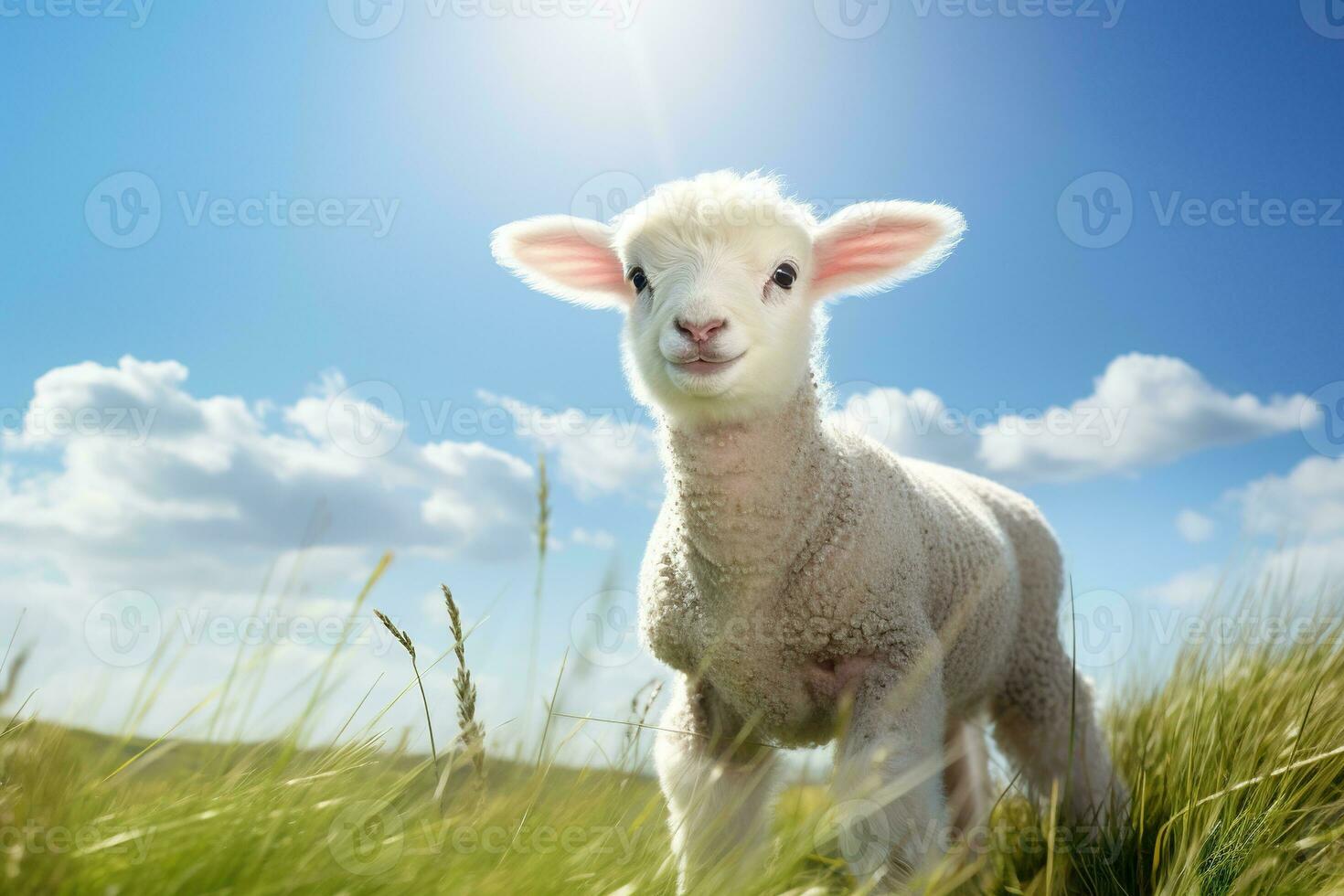 carino agnello su verde erba sotto blu cielo con bianca nuvole. ai generato foto