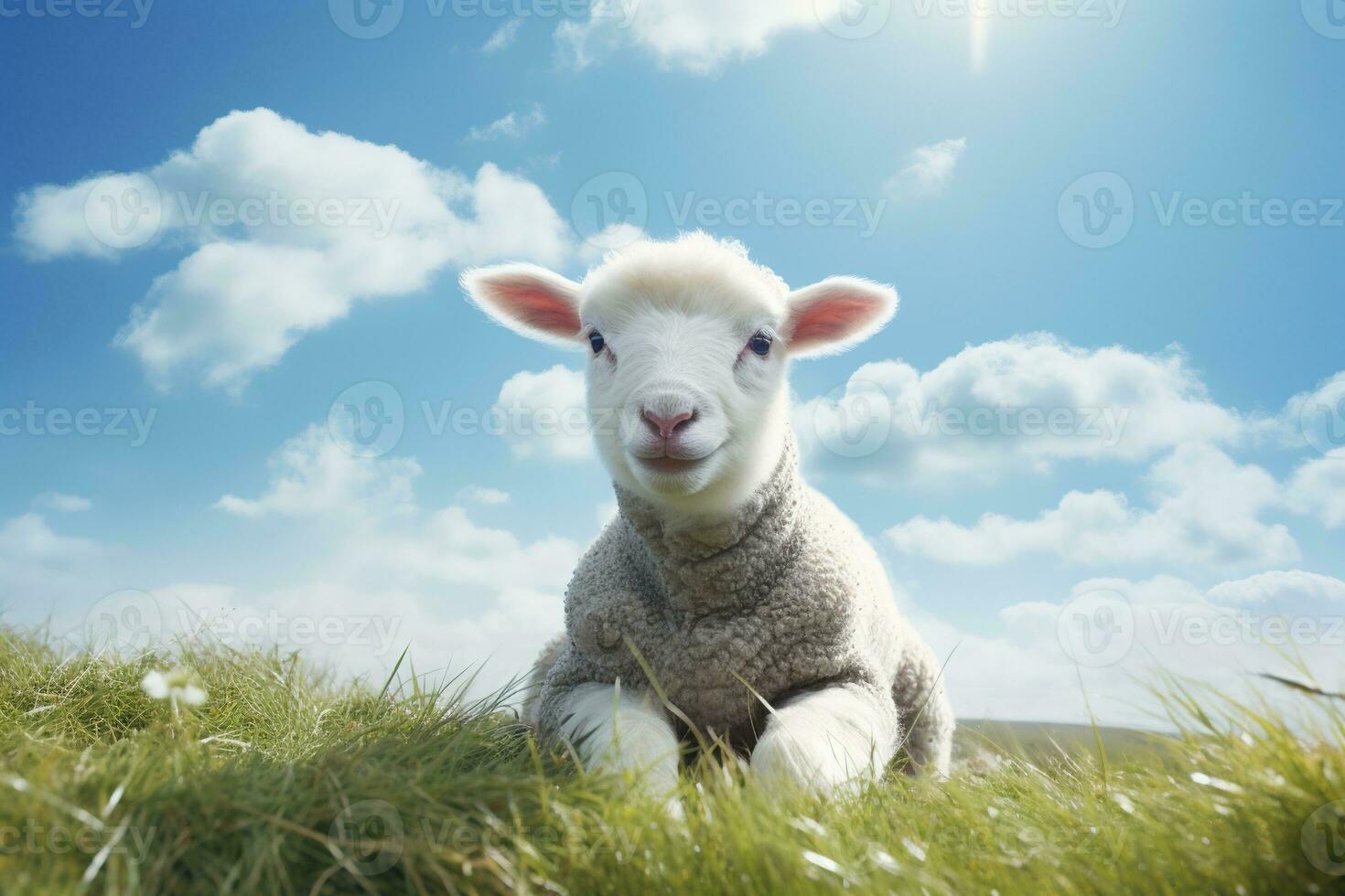 carino agnello su verde erba sotto blu cielo con bianca nuvole. ai generato foto