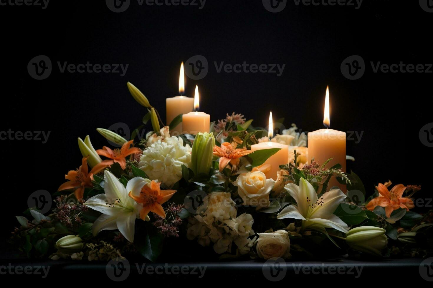 bellissimo fiori e candele su nero sfondo.funerale concetto ai generato foto