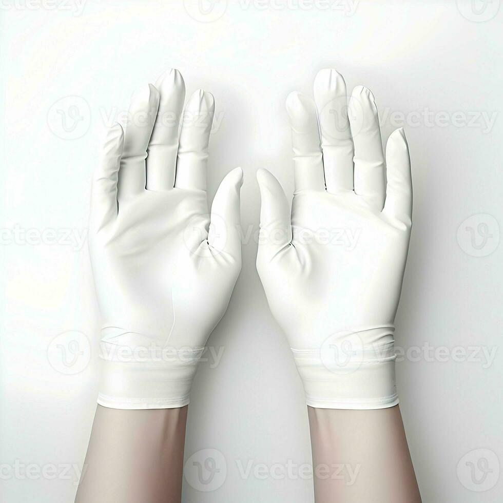 mani nel bianca gomma da cancellare guanti su un' bianca sfondo. alta risoluzione. ai generativo foto