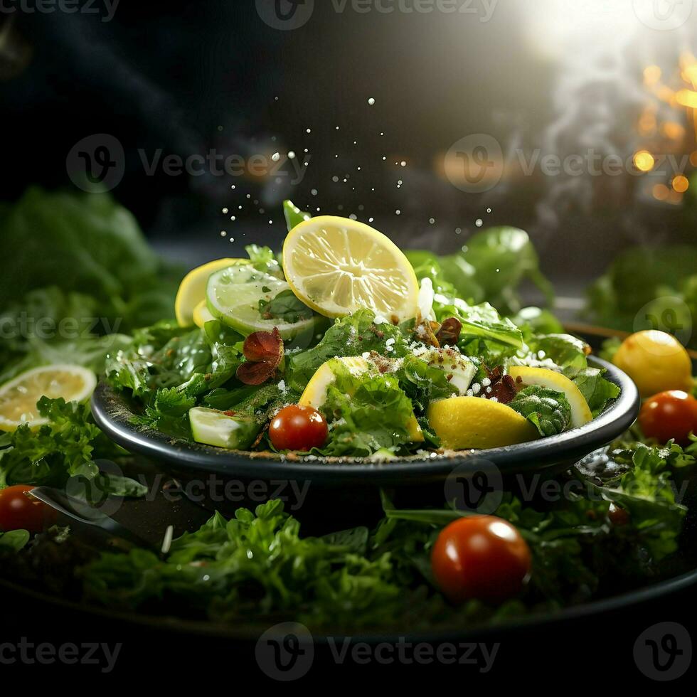 cinematico foto di verde insalata con Limone luminosa luce. alta risoluzione. ai generativo