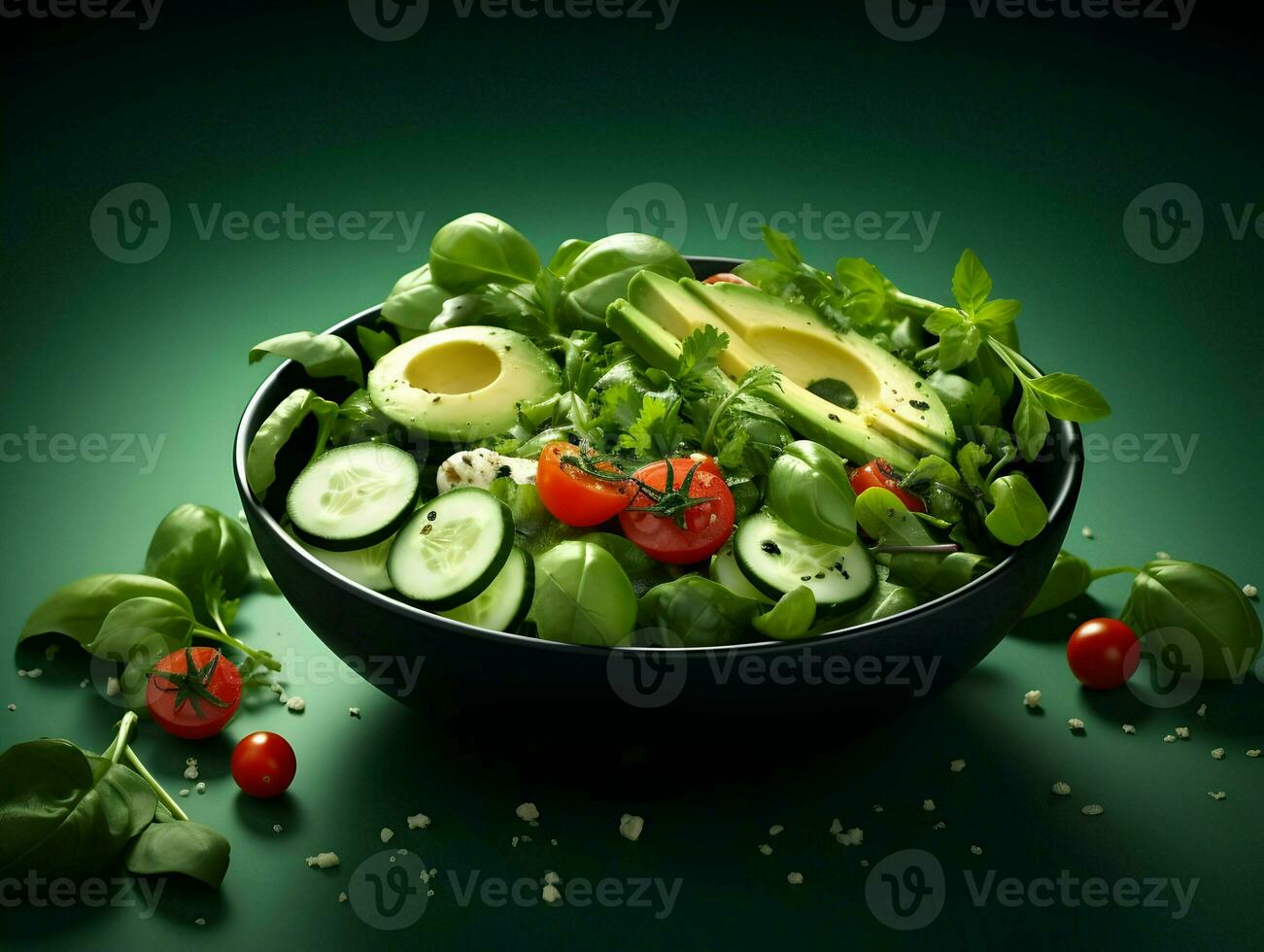 cinematico foto di gustoso verde insalata con avocado, pomodori, e cetrioli minimalismo. alta risoluzione. ai generativo