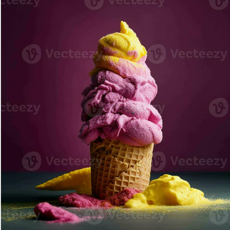 varietà di ghiaccio crema scoop nel cialda coni su colorato sfondo generato con ai foto