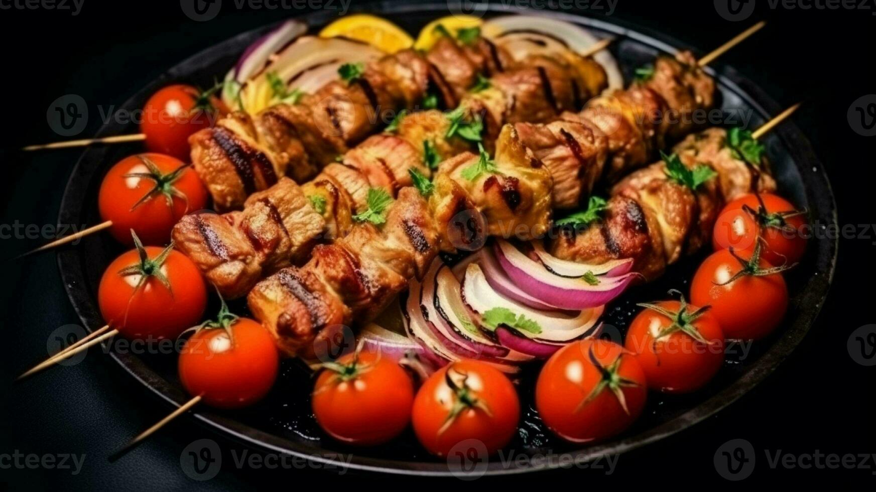 grigliato carne spiedini con verdure su nero piatto generato con ai foto