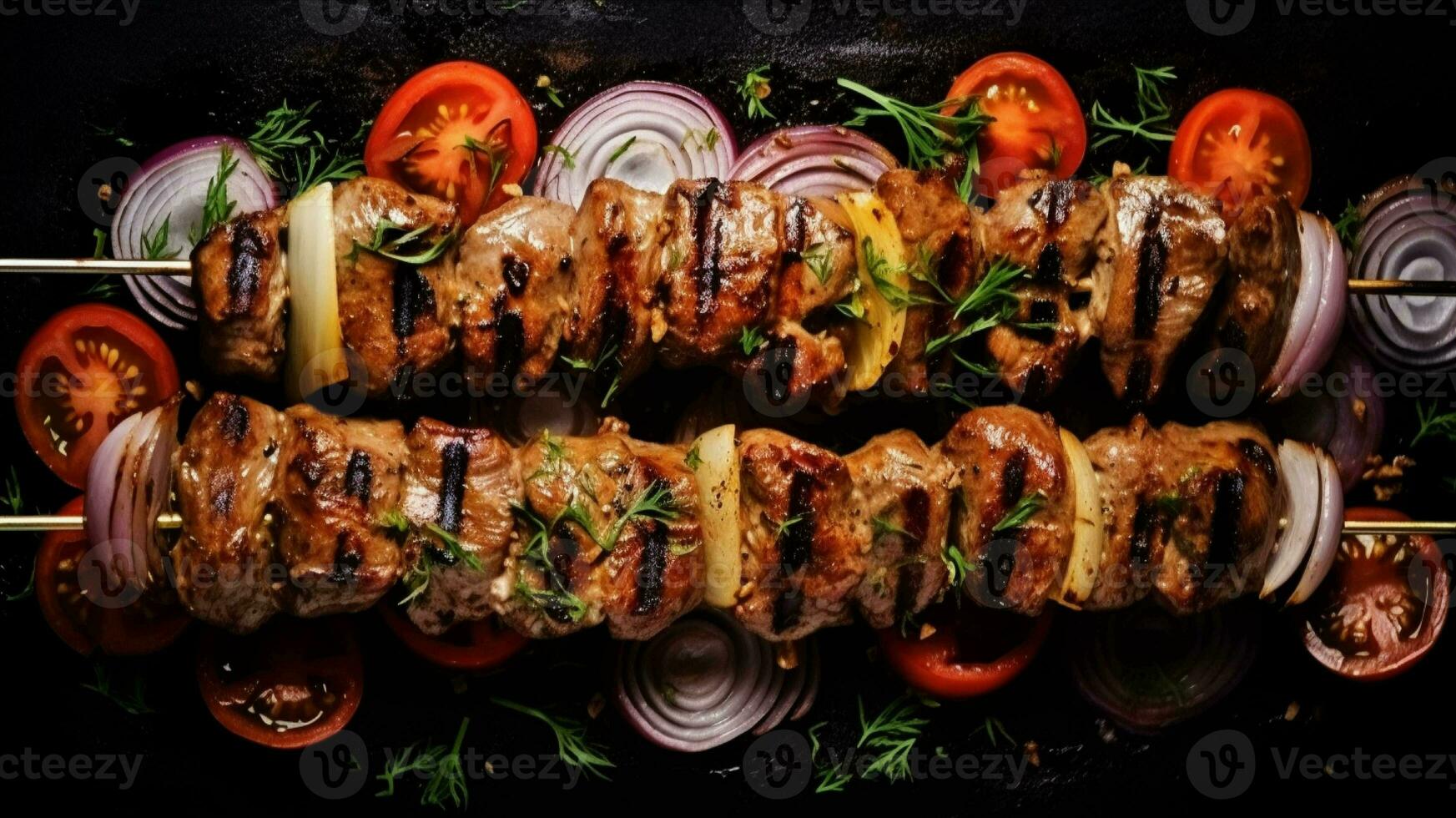 grigliato carne spiedini con verdure su nero piatto generato con ai foto