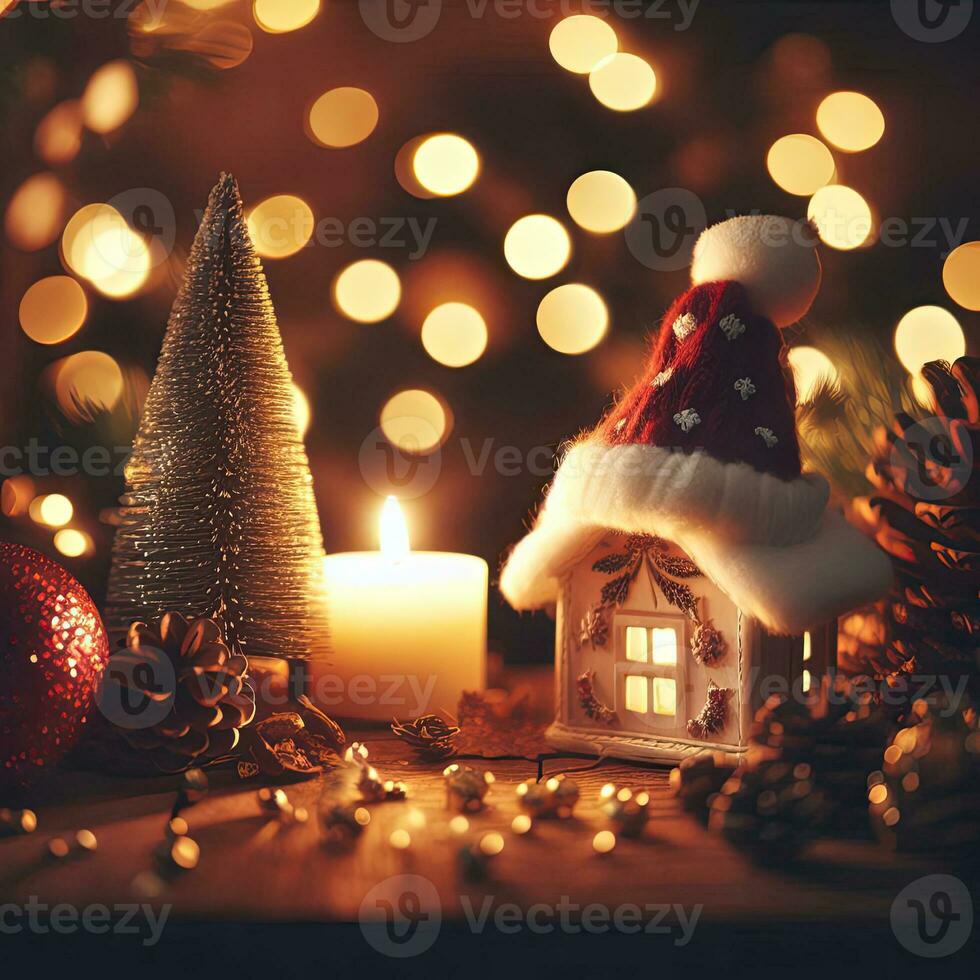 ai generativo Natale decorazione con ardente candele, Pan di zenzero Casa, Natale albero e bokeh sfondo. foto