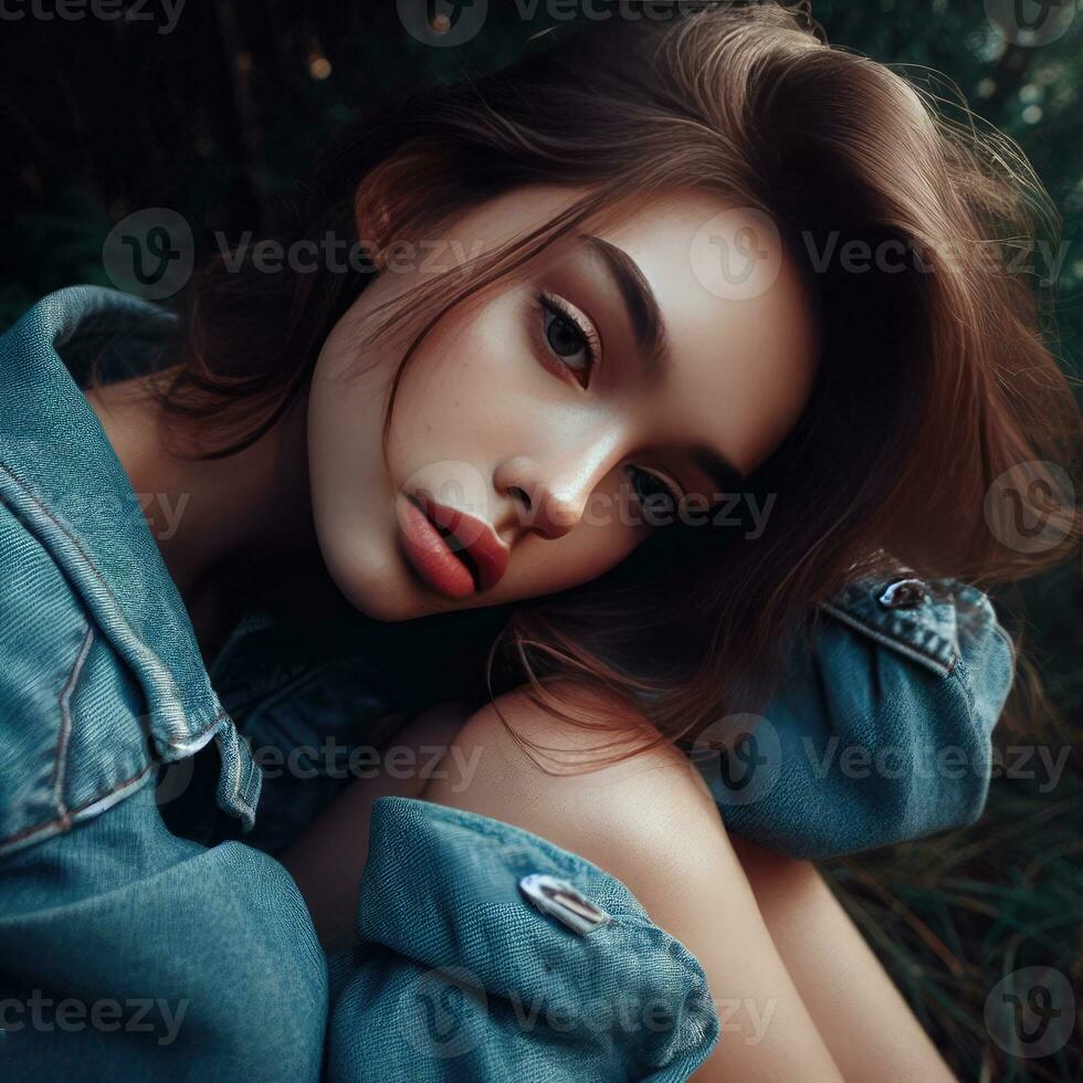 ai generativo moda interno foto di bellissimo sensuale donna con buio capelli nel elegante Abiti