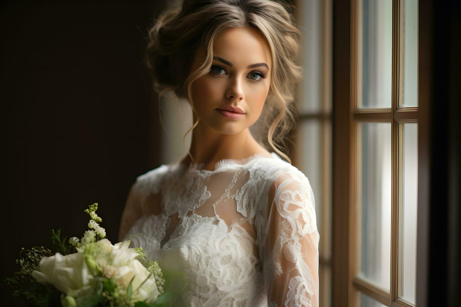 ai generato ritratto di bellissimo sposa nel nozze vestito e velo foto