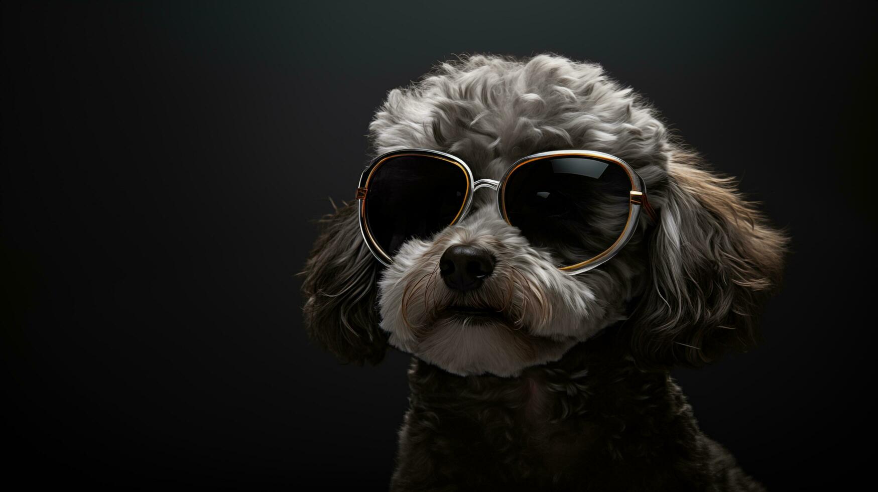 studio ritratto di un' carino cane indossare occhiali da sole su un' nero sfondo. ai generato foto