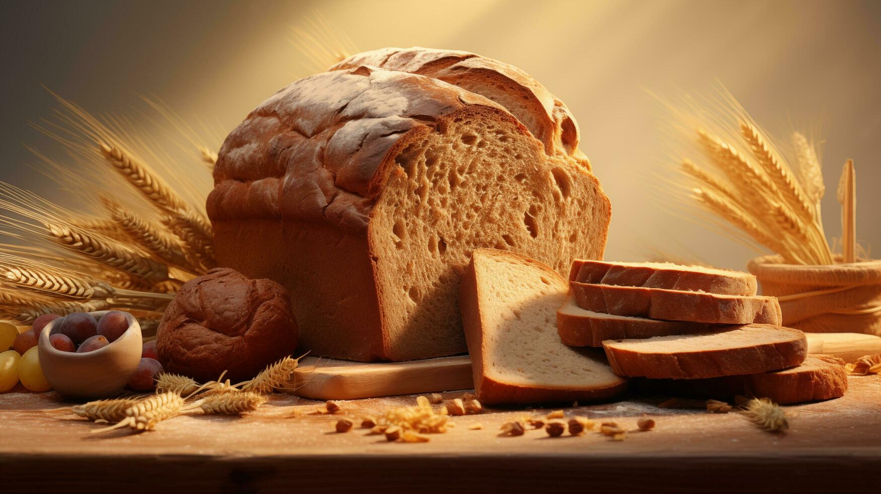 pane e Grano su un' tavolo con un' leggero dietro a esso. ai generato foto