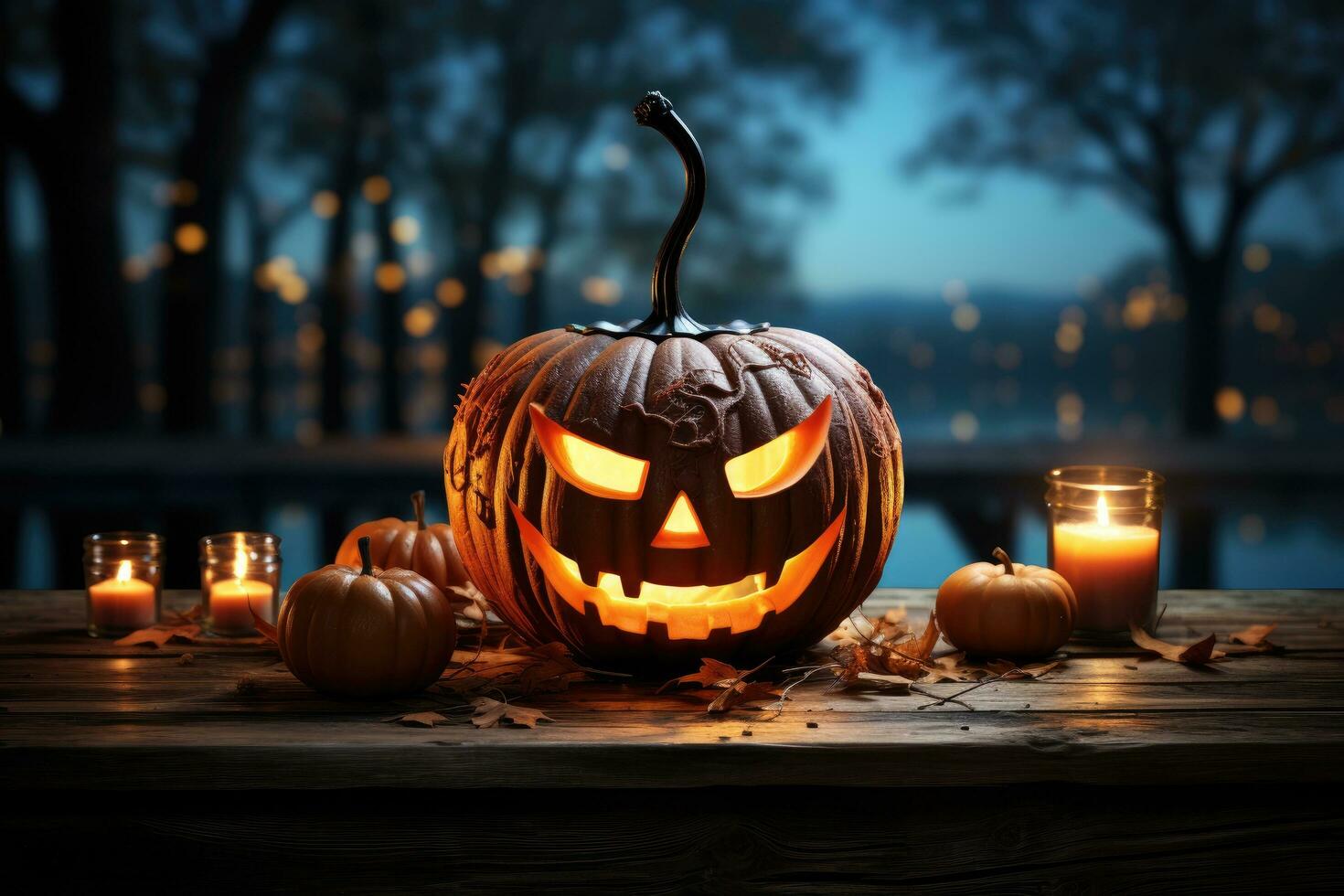 uno pauroso Halloween zucca Jack o'lantern Là erano il male facce e occhi su il di legno panca. tavolo con nebbioso sfondo con spazio per prodotti di generativo ai. foto