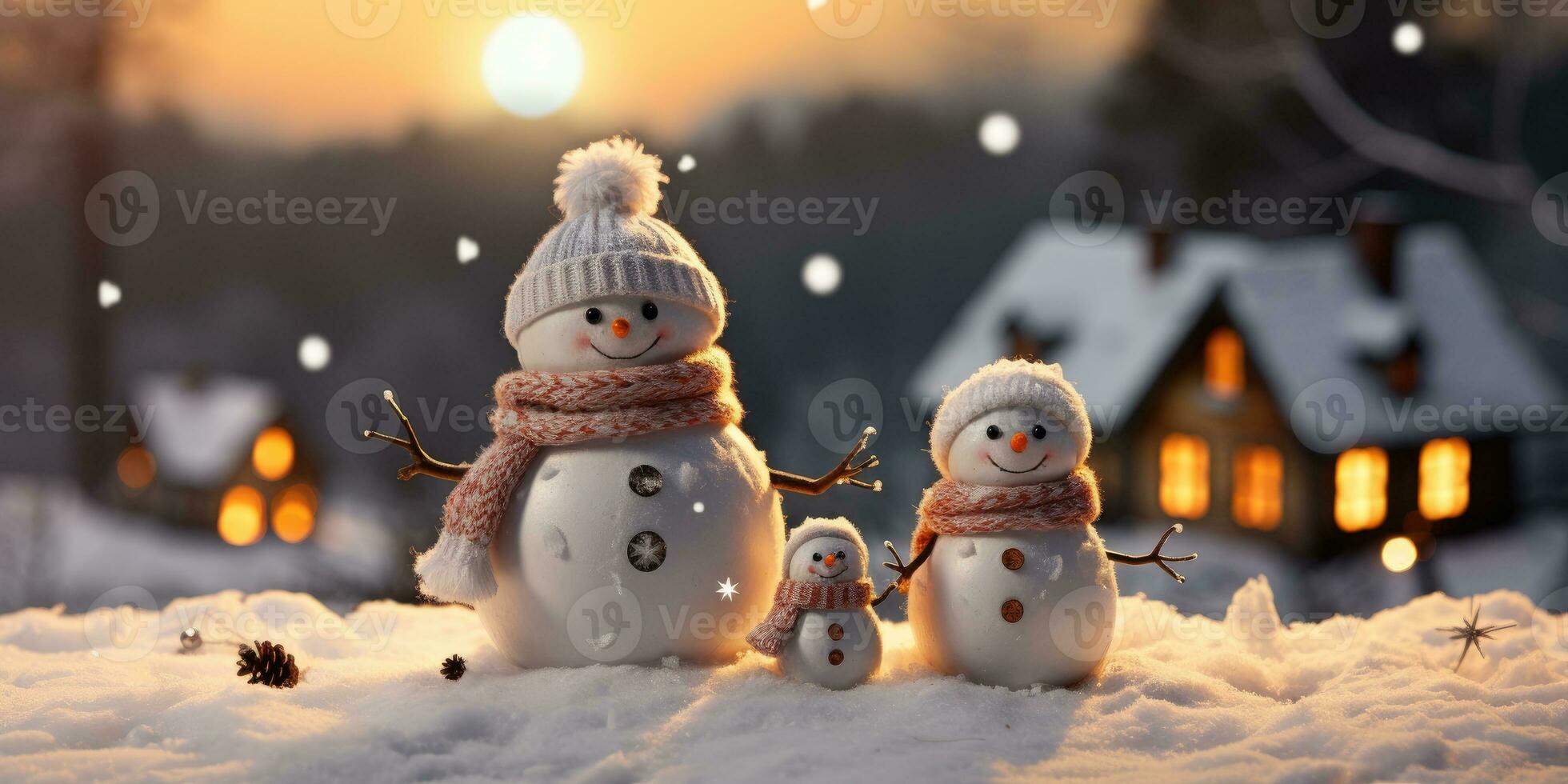 un' carino sorridente pupazzo di neve nel il maggiore di il neve con un' sfondo. bokeh un' Natale albero e Casa il montagna. è un' sfocato sfondo. generativo ai foto