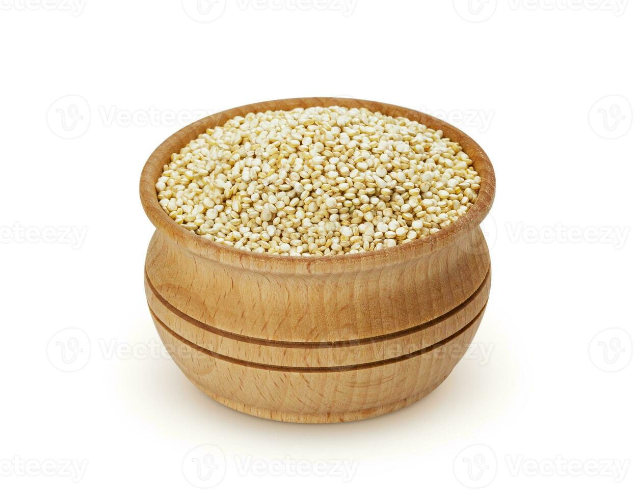 di legno ciotola di quinoa semi isolato su bianca sfondo foto
