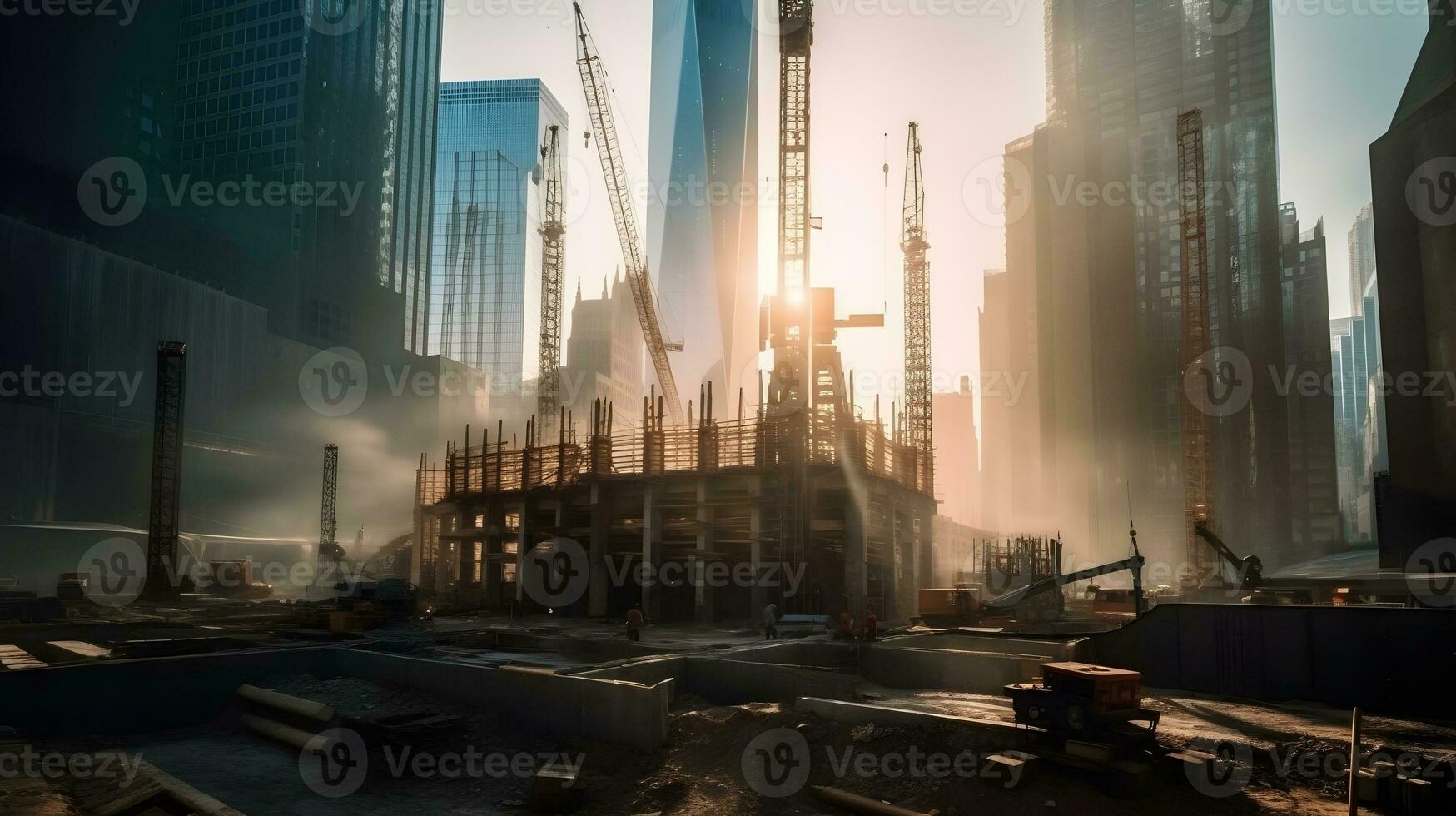 un' edificio essere costruire nel un' costruzione la zona con grattacielo in giro esso nel il sera tramonto. ai generato. foto