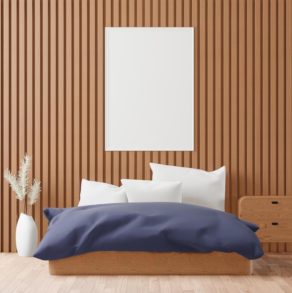 camera da letto con letto e cornice fissata al muro. stile 3D. foto