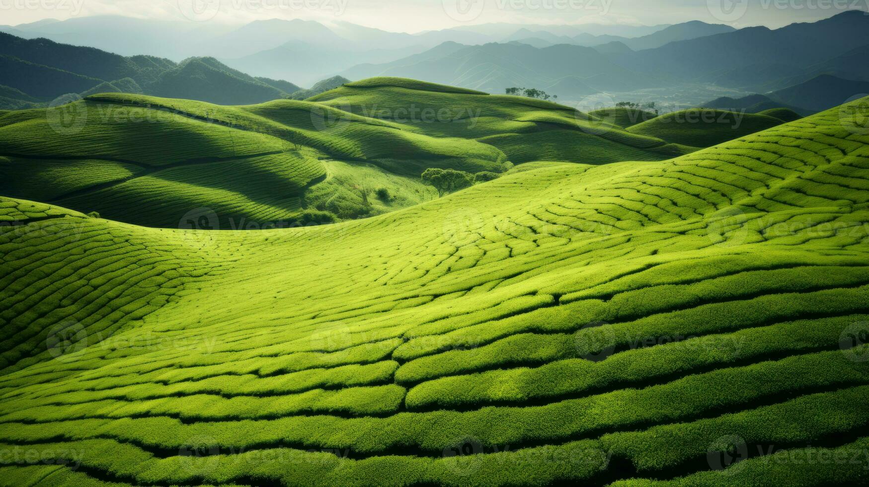 ai generato verde tè piantagione, superiore Visualizza struttura foto