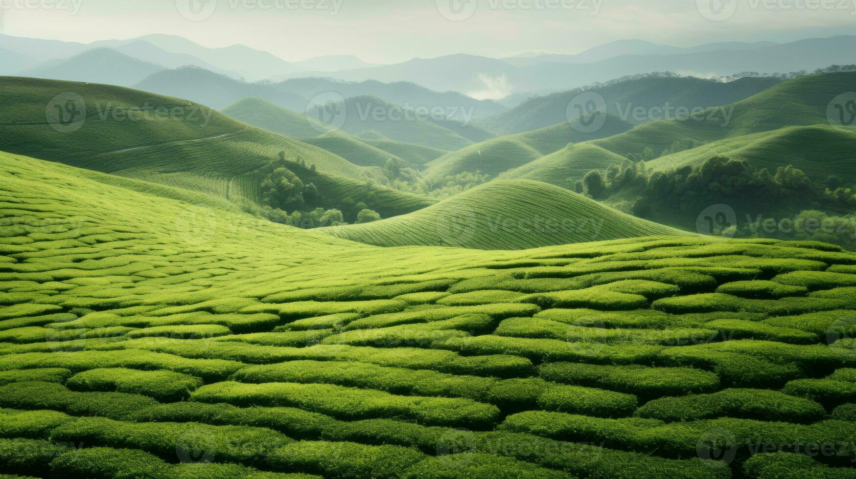 ai generato verde tè piantagione, superiore Visualizza struttura foto
