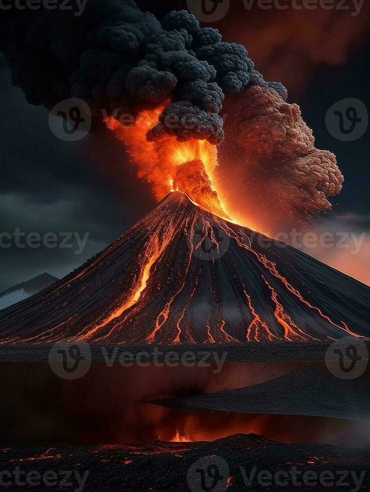 ai generativo vulcano eruzione con massiccio alto scoppia di lava e caldo nuvole Soaring alto in il cielo, piroclastico flusso nel Asia krakatoa foto