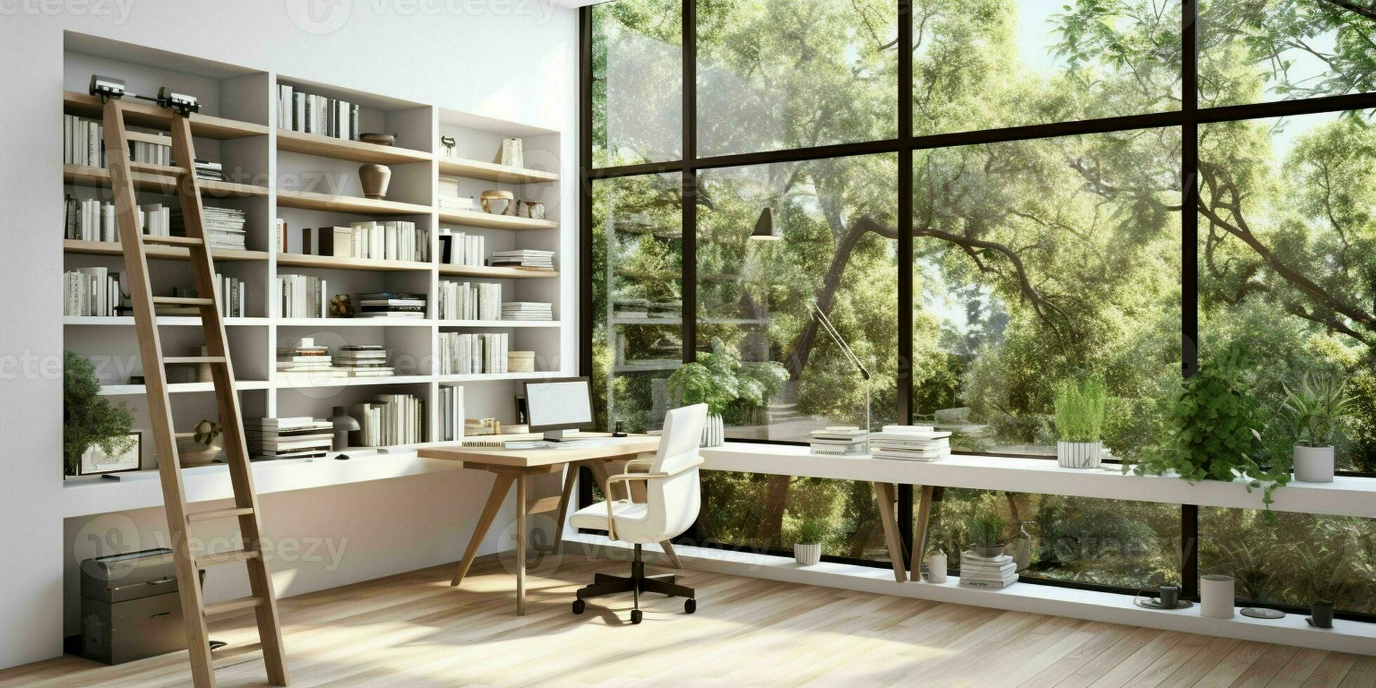 ai generato un' minimo casa ufficio con Visualizza a partire dal finestra, montaggio a parete scrivania, moderno sedia e un' libreria foto