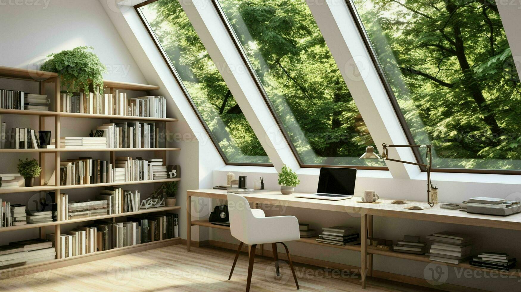 ai generato un' minimo casa ufficio con Visualizza a partire dal finestra, montaggio a parete scrivania, moderno sedia e un' libreria foto