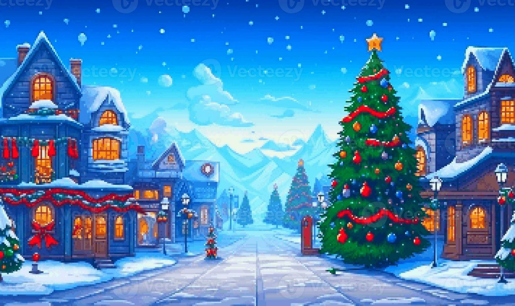 Natale Festival backgroud con decorazione Natale albero, Pan di zenzero Casa, renna, Santa Claus e ornamento pixel arte retrò rpg gioco 8 bit 16 bit 32 bit stile - ai generato foto