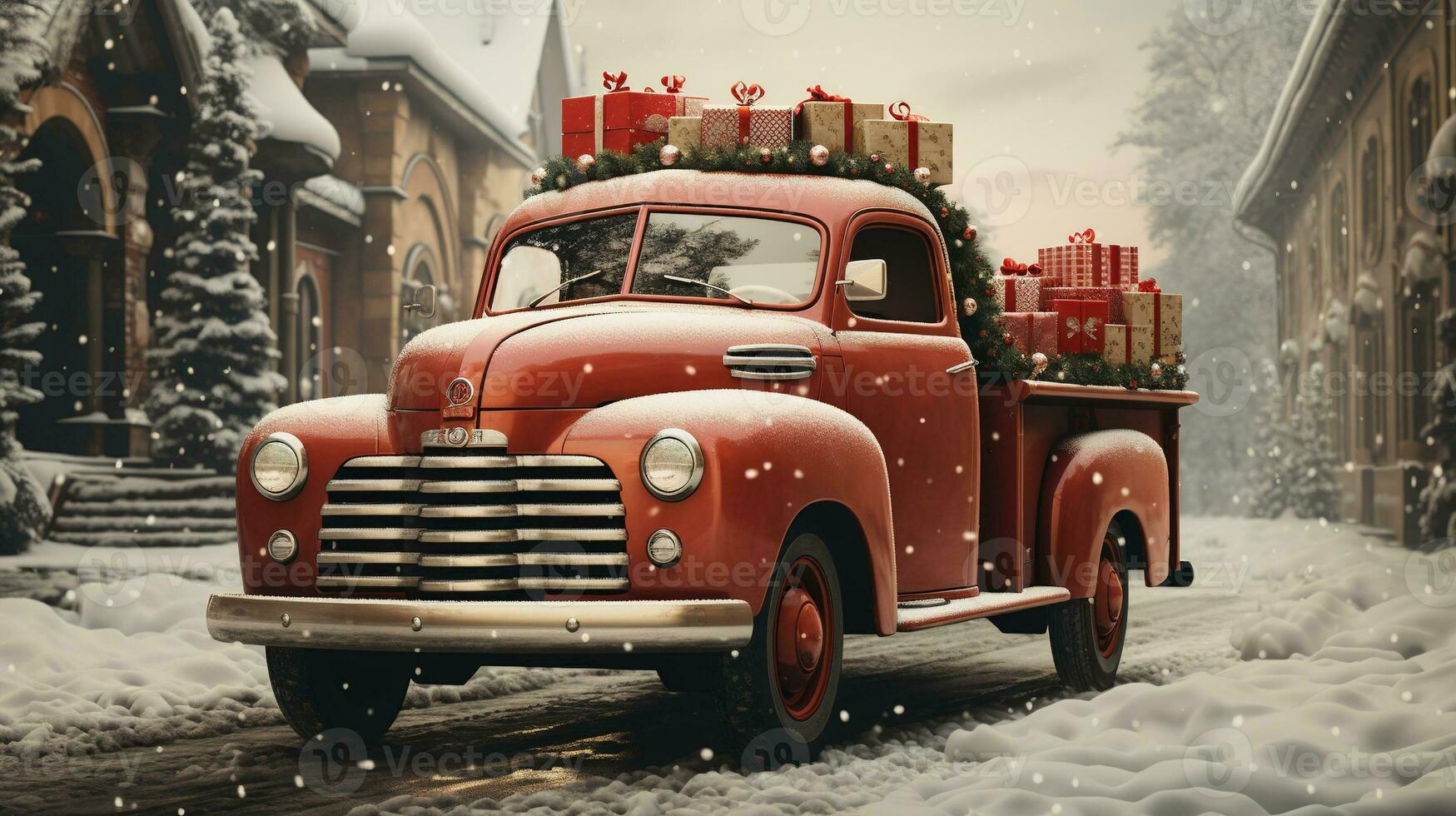 ai generato generativo ai, Vintage ▾ Natale auto con molti i regali, blu e rosso colori. saluto natale carta, inverno vacanze foto