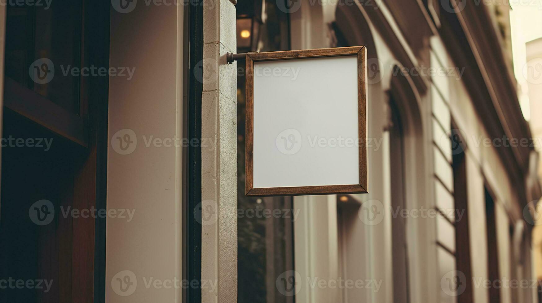 ai generato generativo ai, caffè negozio strada cartello finto su per logo disegno, marca presentazione, estetico smorzato neutro colori, su il parete all'aperto foto